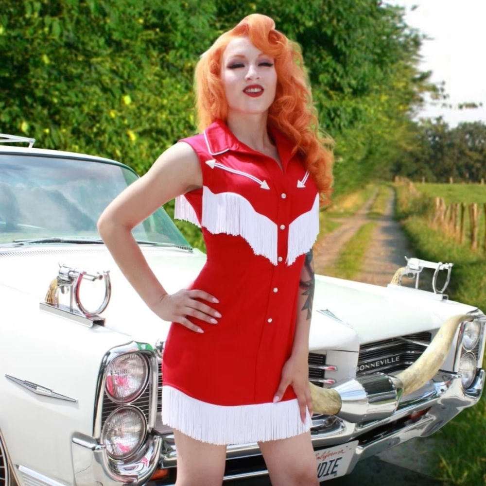 NWOT Riley Fringe dress in red and white Fables by Barrie western rockabilly